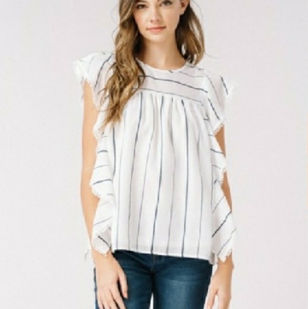 Navy Striped Woven Ruffle Top